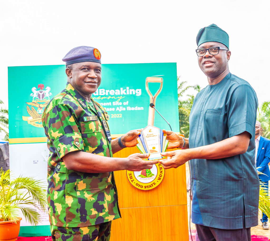 Governor Seyi Makinde with Air Marshal Isiaka Oladayo Amao at the groundbreaking ceremony for the construction of the Nigerian Air Force Base, Ajia, Ibadan on March 31, 2022