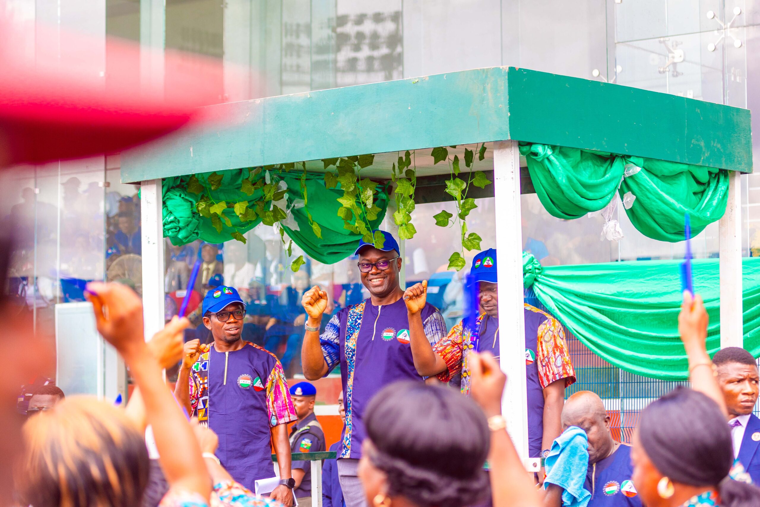 1 Governor Seyi Makinde and Labour Leaders receiving the salute at the Workers' Day 2023 celebration on May 1, 2023