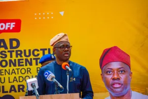 Governor Seyi Makinde delivering his remarks at the Flag Off of the 32.2 km South-East Wing of the Rashidi Ladoja Circular Road, Ibadan, on 22 March 2024.