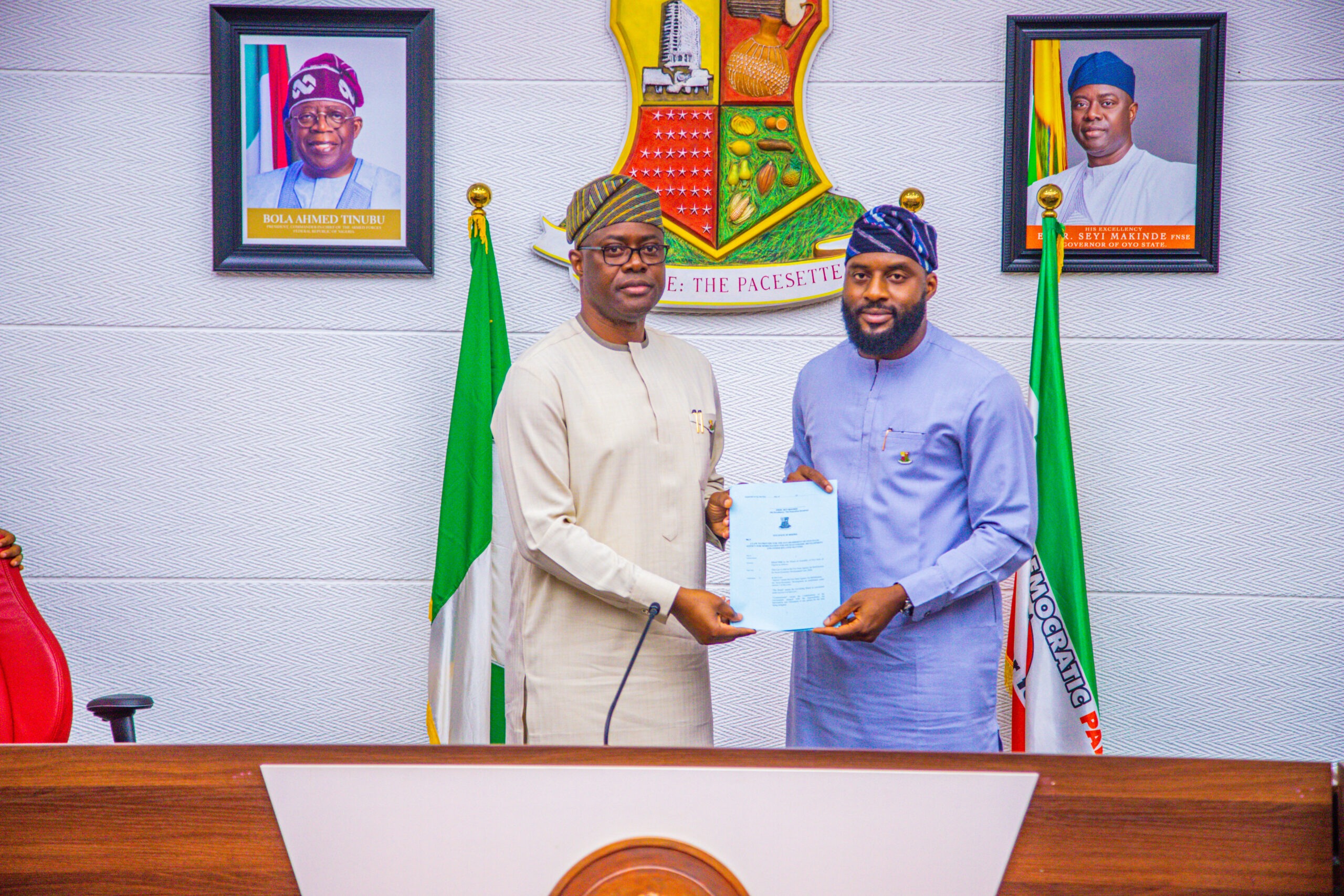 Governor Seyi Makinde and Rt Hon Adebo Ogundoyin During the Signing of Oyo State Mobilisation Agency for Socio-Economic Development (OYMASED) Bill 2024 on 11 June 2024