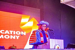 Governor Seyi Makinde delivering his lecture at Precious Cornerstone University Ibadan on 11 November 2024
